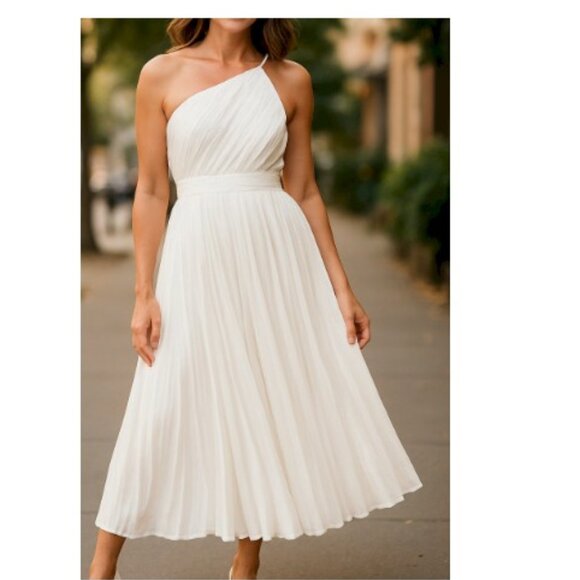 Lulus Alluring Marvel Ivory Pleated Ivory Satin One-Shoulder Midi Dress XS NWT - Picture 9 of 13